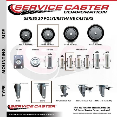 Service Caster 35 Inch Black Polyurethane 38 Inch Threaded Stem Caster Set 2 Brakes SCC SCC-TS20S3514-PPUB-BLK-381615-2PLB2